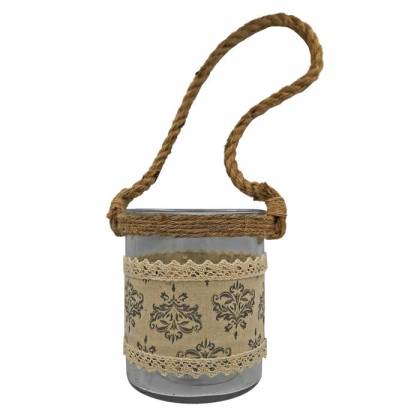 ΚΗΡΟΠΗΓΕΙΟ ΓΥΑΛΙΝΟ ΜΕ ΥΦΑΣΜΑ-ΔΑΝΤΕΛΑ 15x12,5cm  στην Κατηγορία Κηροπήγια - Φαναράκια 